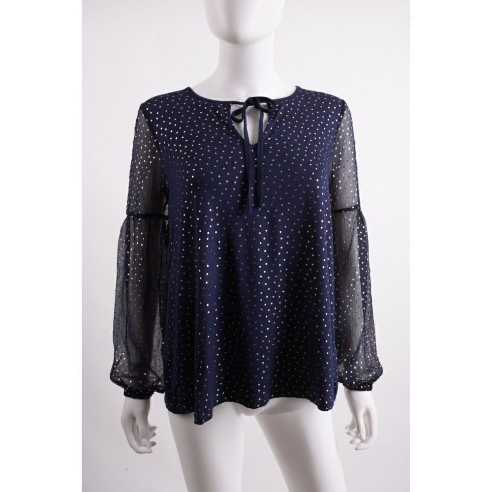 Boden Womens Foil Spot Top Blouse UK 8 US 4 Navy Blue Gold Long Sleeve NWT